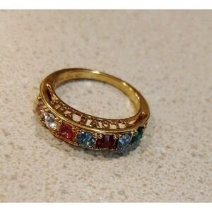 18K Yellow GP 925 Multicolor Austrian Crystal Birthstone I Love You Ring 5.75
